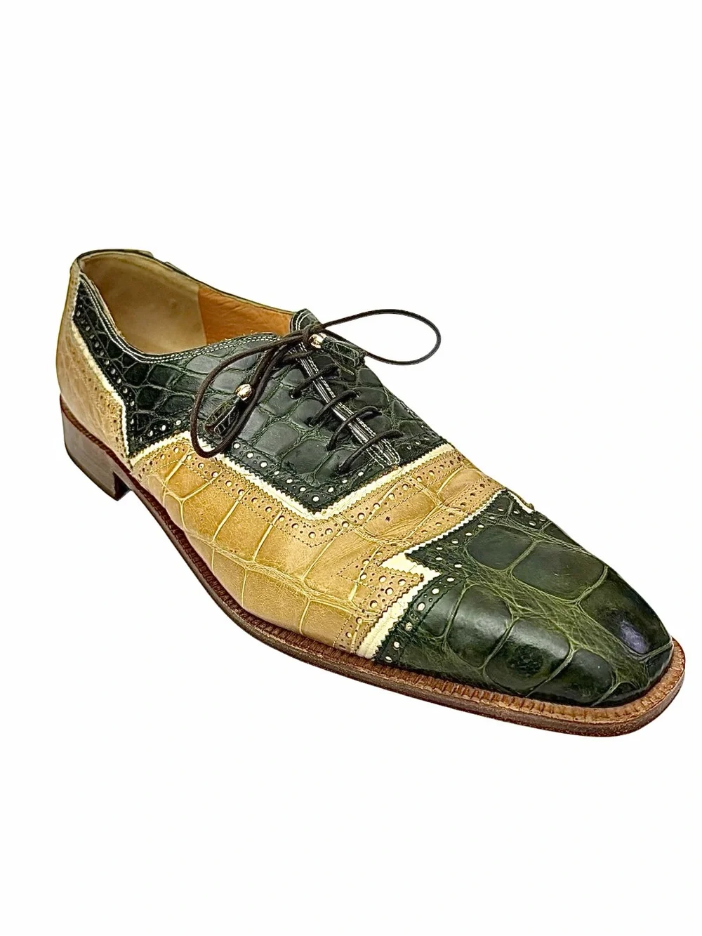 Mauri Crocodile Spectator Dress Exotic Brogue Green Tan Size 16 Made In Italy